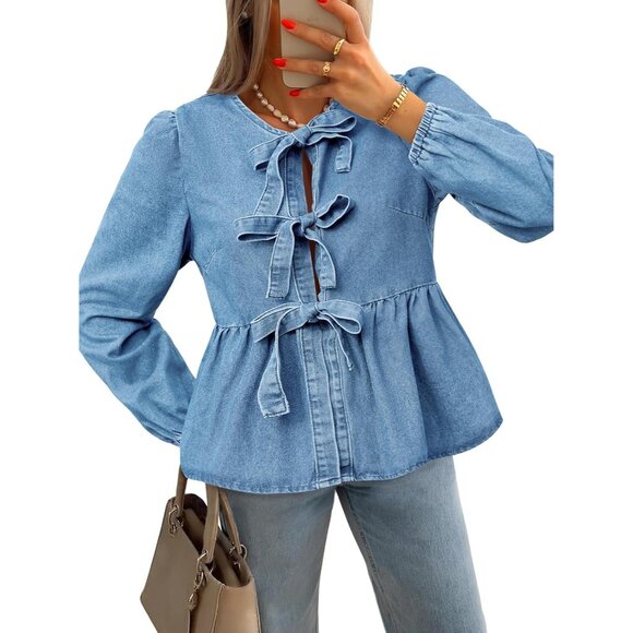 Womens Denim Top Babydoll Peplum Long Sleeve Tie Front Casual Chic